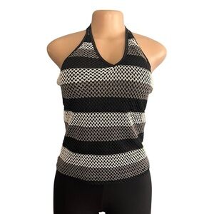 Wild Cat USA Y2K Black and White Striped Halter Neck Mesh Top
